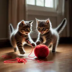 Luma Photon — Two kittens playing with a ball of red yarn on a h