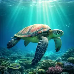 Luma Photon — A giant sea turtle swimming over a coral reef, und