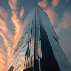 Luma Photon — A modern glass skyscraper reflecting clouds at sun