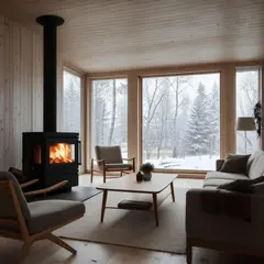 Luma Photon — A cozy Scandinavian living room with a fireplace, 