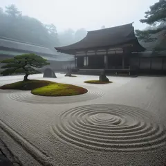 Luma Photon — A Japanese zen garden with raked gravel, moss-cove