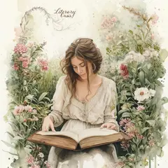 Luma Photon — A woman reading a book in a garden, watercolor pai