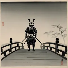 Luma Photon — A lone samurai standing on a misty bridge, ukiyo-e