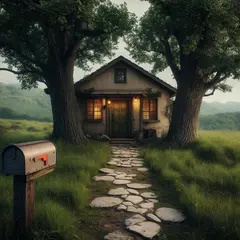 Luma Photon — A small house between two tall trees, with a path 