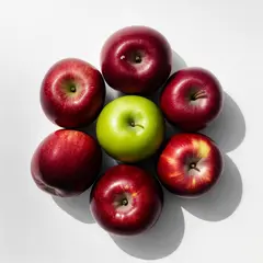 Luma Photon — Five red apples arranged in a circle on a white ta