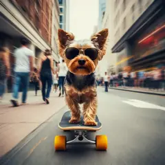 Luma Photon — A dog wearing sunglasses riding a skateboard down 