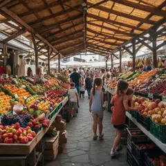Luma Photon — A busy farmer's market scene with at least six dif