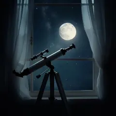 Luma Photon — A telescope pointing at the moon through an open w