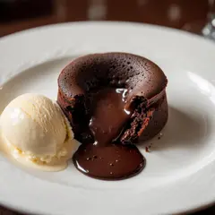 Luma Photon — A dripping chocolate lava cake cut open on a white