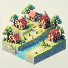 Luma Photon — An isometric low-poly village with tiny houses, tr
