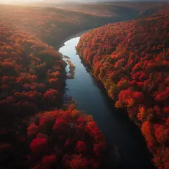 Luma Photon — An aerial view of a winding river through autumn f