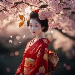 Luma Photon — A Japanese woman in a red kimono standing under ch
