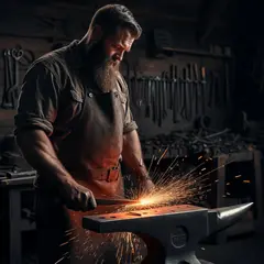 Luma Photon — A bearded blacksmith in a dark workshop, sparks fl