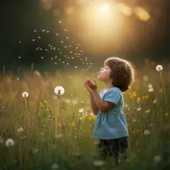 Luma Photon — A child blowing dandelion seeds in a sunlit meadow