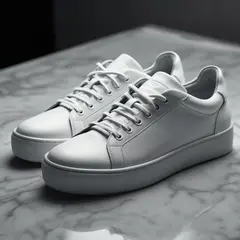 Luma Photon — A pair of white leather sneakers on a marble count