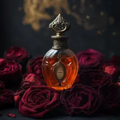 Luma Photon — A bottle of amber perfume on a bed of dried roses,