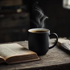 Luma Photon — A matte black coffee mug with steam rising, placed