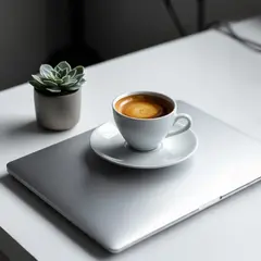 Luma Photon — A sleek laptop on a clean white desk with a potted