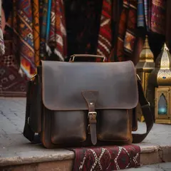 Luma Photon — A leather messenger bag on a sun-dappled step in a