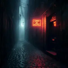 Luma Photon — A glowing neon sign reading OPEN 24 HOURS in a dar