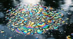 Gemini 3.1 Flash Image — A macro photograph of oil droplets on water, iride