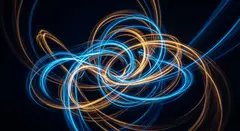 Gemini 3.1 Flash Image — Intertwining ribbons of light in blue and gold aga