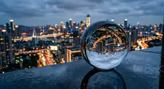 Gemini 3.1 Flash Image — A glass sphere refracting a distorted cityscape, s