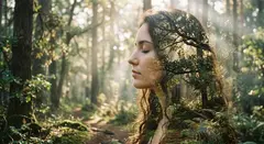 Gemini 3.1 Flash Image — A double exposure photograph combining a forest wi