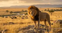 Gemini 3.1 Flash Image — A majestic lion with a full mane, golden savanna b