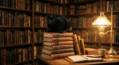 Gemini 3.1 Flash Image — A black cat sitting on a stack of old books in a c