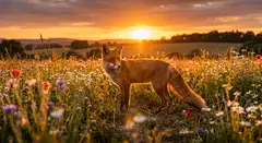 Gemini 3.1 Flash Image — A fox in a field of wildflowers, backlit by sunset