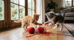 Gemini 3.1 Flash Image — Two kittens playing with a ball of red yarn on a h