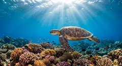 Gemini 3.1 Flash Image — A giant sea turtle swimming over a coral reef, und