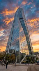Gemini 3.1 Flash Image — A modern glass skyscraper reflecting clouds at sun