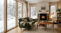 Gemini 3.1 Flash Image — A cozy Scandinavian living room with a fireplace, 