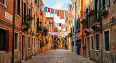 Gemini 3.1 Flash Image — A narrow cobblestone alley in Venice with colorful