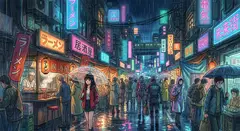 Gemini 3.1 Flash Image — A cyberpunk street market in Tokyo, anime style, n