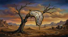 Gemini 3.1 Flash Image — A surreal melting clock draped over a barren tree 