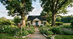 Gemini 3.1 Flash Image — A small house between two tall trees, with a path 