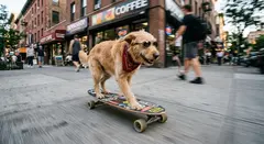 Gemini 3.1 Flash Image — A dog wearing sunglasses riding a skateboard down 