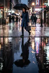 Gemini 3.1 Flash Image — A woman holding an umbrella in the rain, reflected