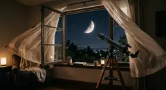 Gemini 3.1 Flash Image — A telescope pointing at the moon through an open w