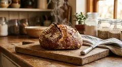 Gemini 3.1 Flash Image — A rustic sourdough bread loaf, freshly baked with 