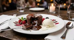 Gemini 3.1 Flash Image — A dripping chocolate lava cake cut open on a white