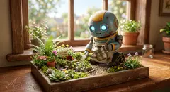 Gemini 3.1 Flash Image — A 3D render of a cute robot watering plants in a m