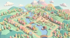 Gemini 3.1 Flash Image — An isometric low-poly village with tiny houses, tr
