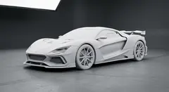 Gemini 3.1 Flash Image — A clay render of a sports car, white material, stu