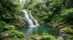 Gemini 3.1 Flash Image — A waterfall cascading into a tropical pool surroun