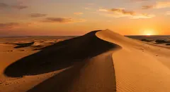 Gemini 3.1 Flash Image — A desert sand dune at sunset with long shadows, Sa