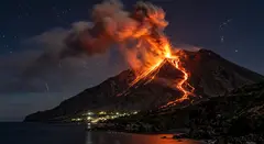 Gemini 3.1 Flash Image — A volcano erupting at night with lava flowing down